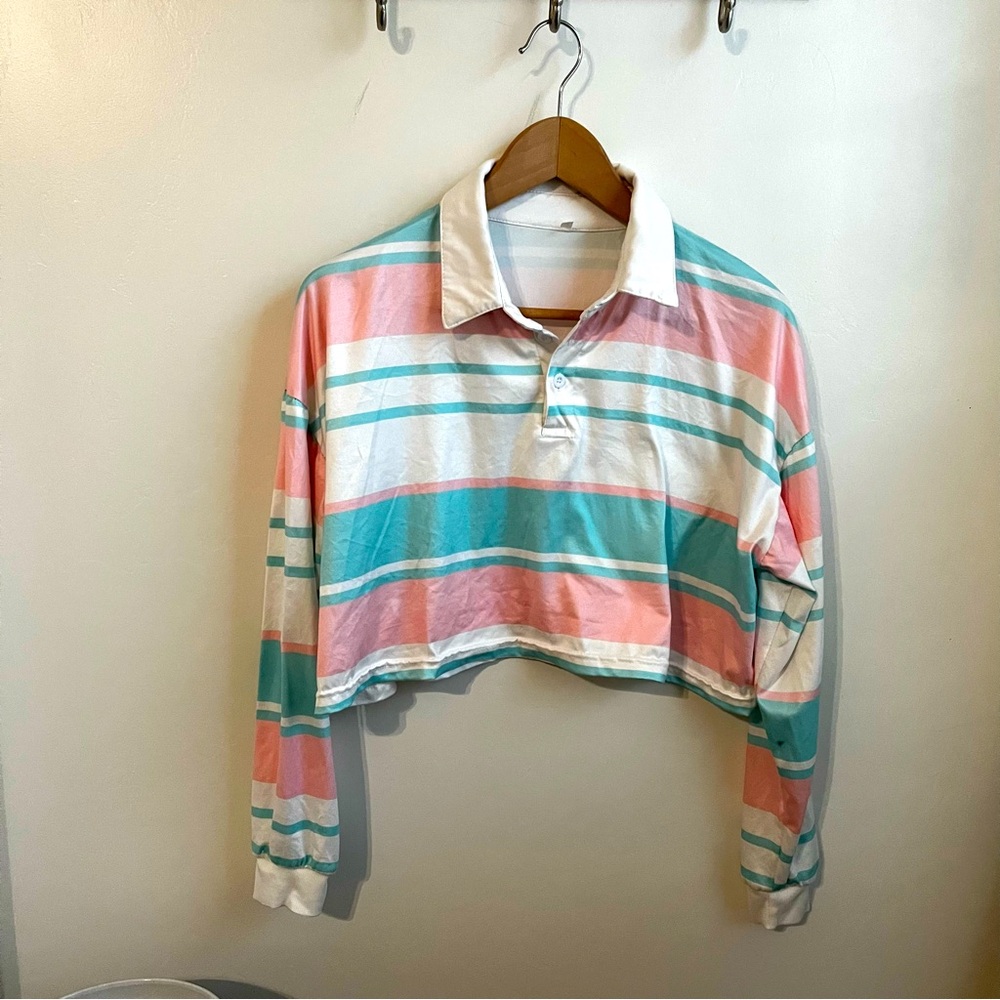 Cropped Rugby Shirt Pastel Sz L EUC